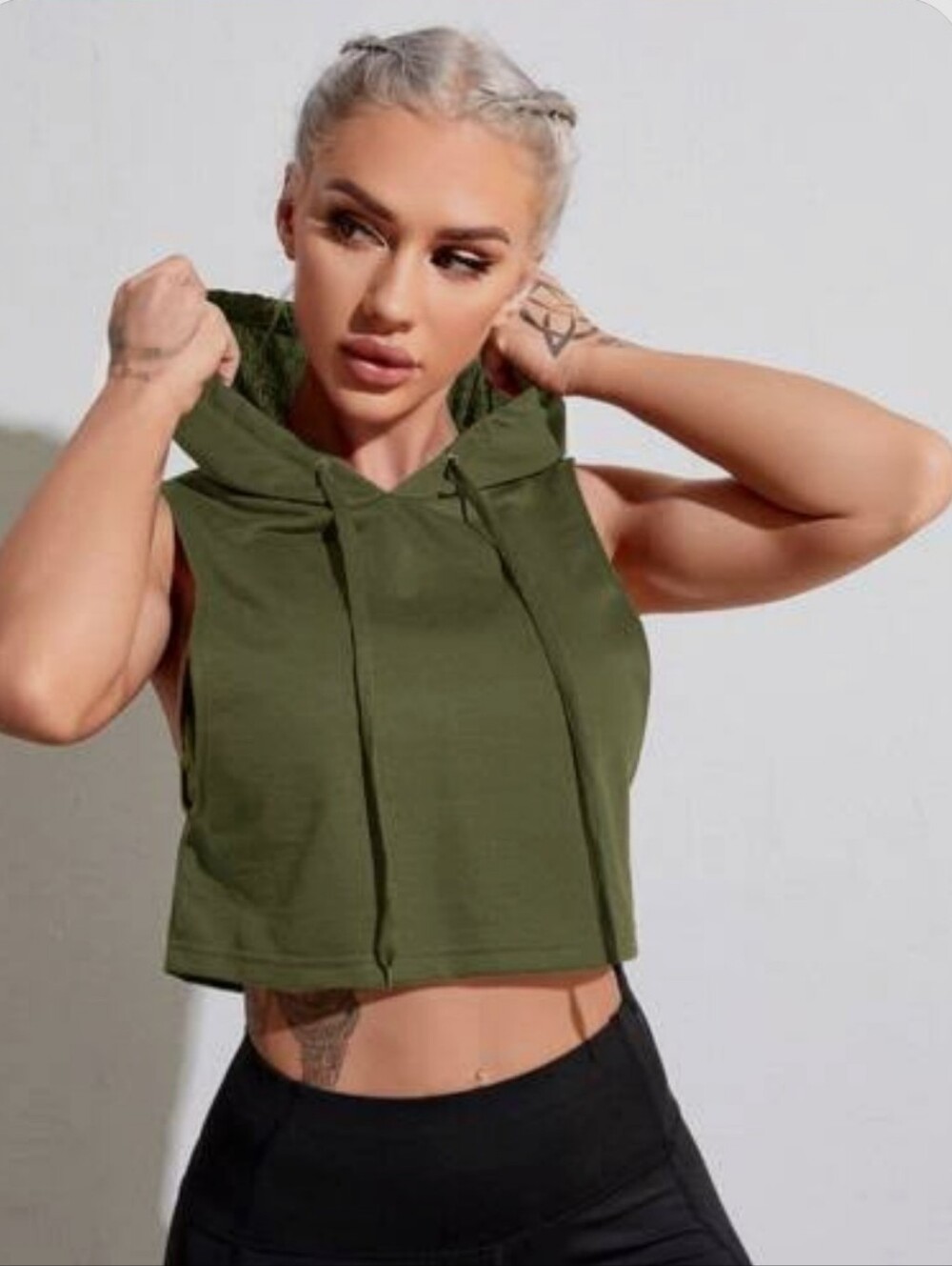 Sleeveless Hooded Crop Top - Olive Green